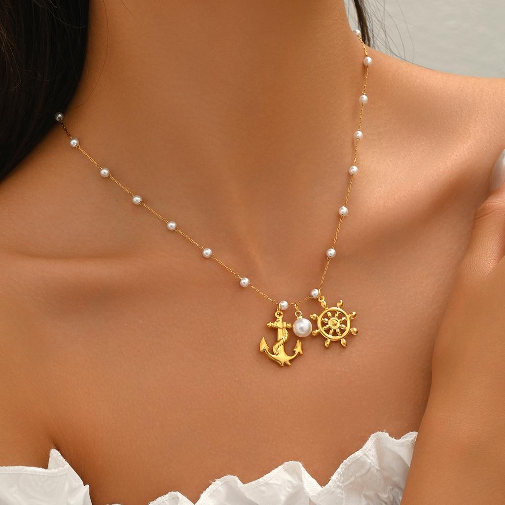 Ladies Bohemian Style Pearl Anchor Rudder Pendant Necklace