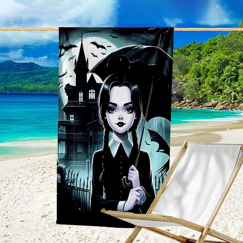 1pc Addams Family Wednesday1 Beach Towel, Sports Cape, Beach and Seaside Swimming Pool Equipment, Fashion Pattern, Rectangular, Travel Essentials