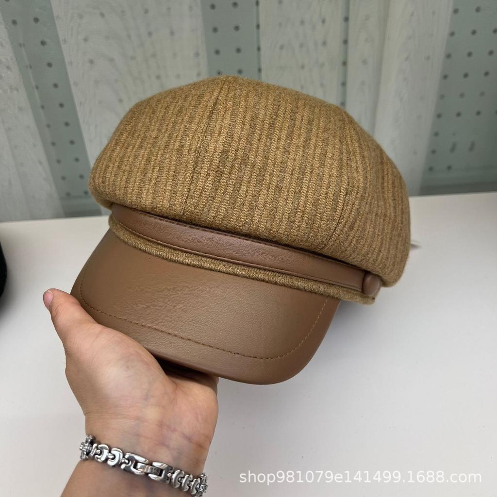Japanese Striped Casual Retro Octagonal Hat Early Autumn Pu Leather Brim Splicing Women's Street New Cap Trendy New