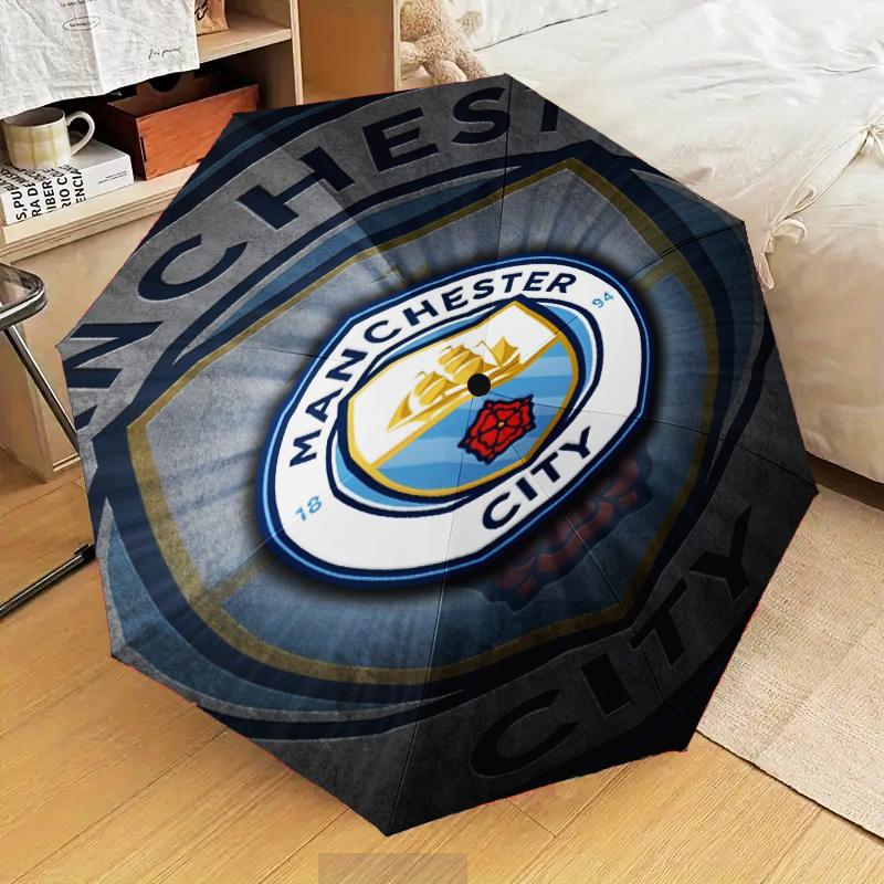 1 Pezzo Ombrello Pieghevole Stampato Manchester City F.C, Ombrello Automatico a 8 Stecche per Viaggio, Campeggio, Regali per Fan, Regali di Natale