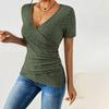 Women’s Ribbed Knit Short Sleeve V Neck Wrap Top Fitted Waist Casual Pullover Blouse for Daily Wear Office