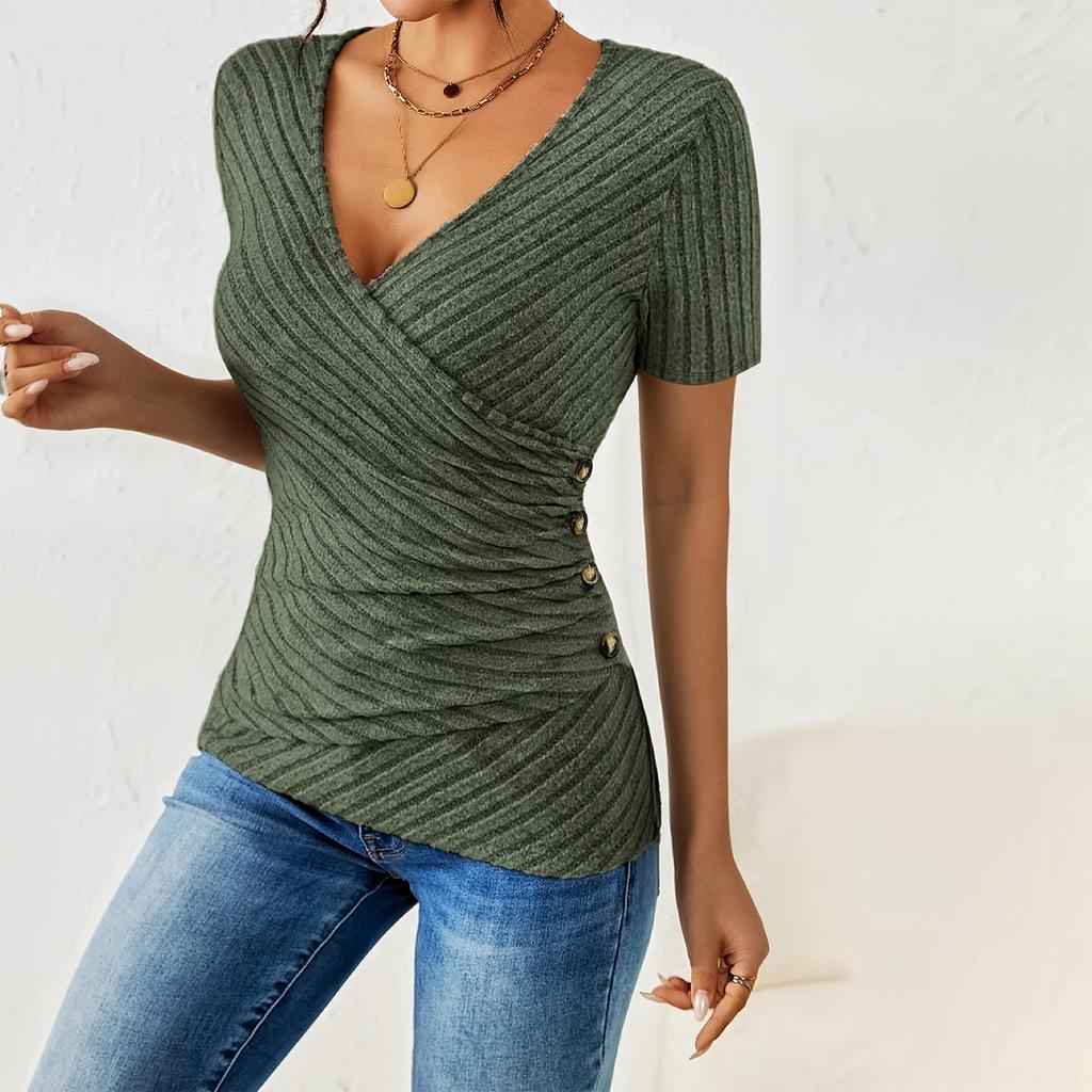 Women’s Ribbed Knit Short Sleeve V Neck Wrap Top Fitted Waist Casual Pullover Blouse for Daily Wear Office