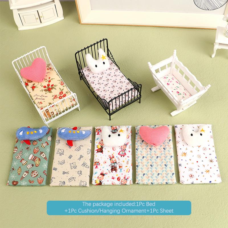 1:12 Dollhouse Mini European Iron Bed Cradle Bed Cushion Mattress Bedroom Decor