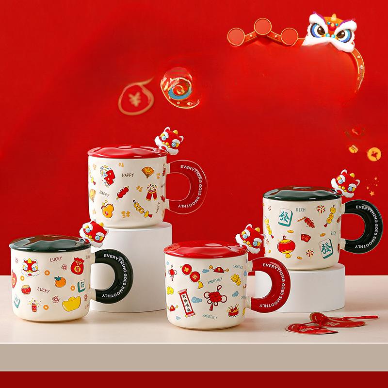 Spring Festival Gift Mug with Lid Spoon Cute Ceramic Water Cup Girl High Looking Cartoon Office Couple Cup