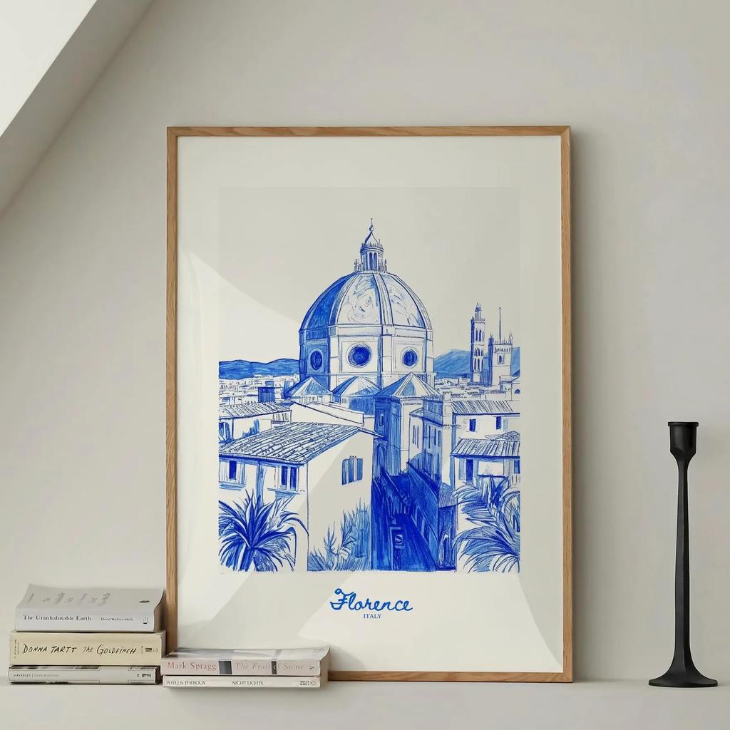 City Travel Poster, Retro Italy Print, Navy Blue Trendy Wall Art, Hand Drawn Sketch, summer beach poster, Home Decor Art