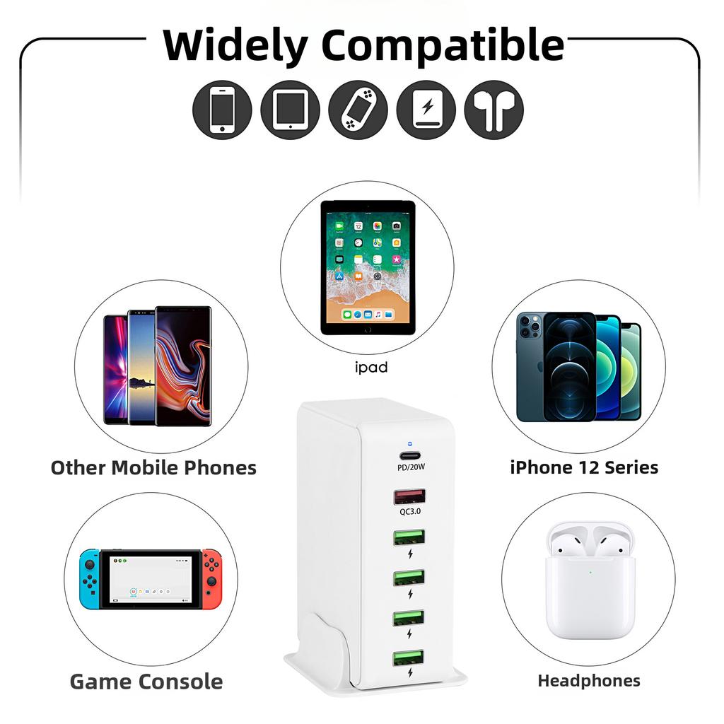 818PD USB Charger Block PD20W/QC3.0 Multi-Port Fast Charging Station Adapter for Smartphone/Tablet/Earphone
