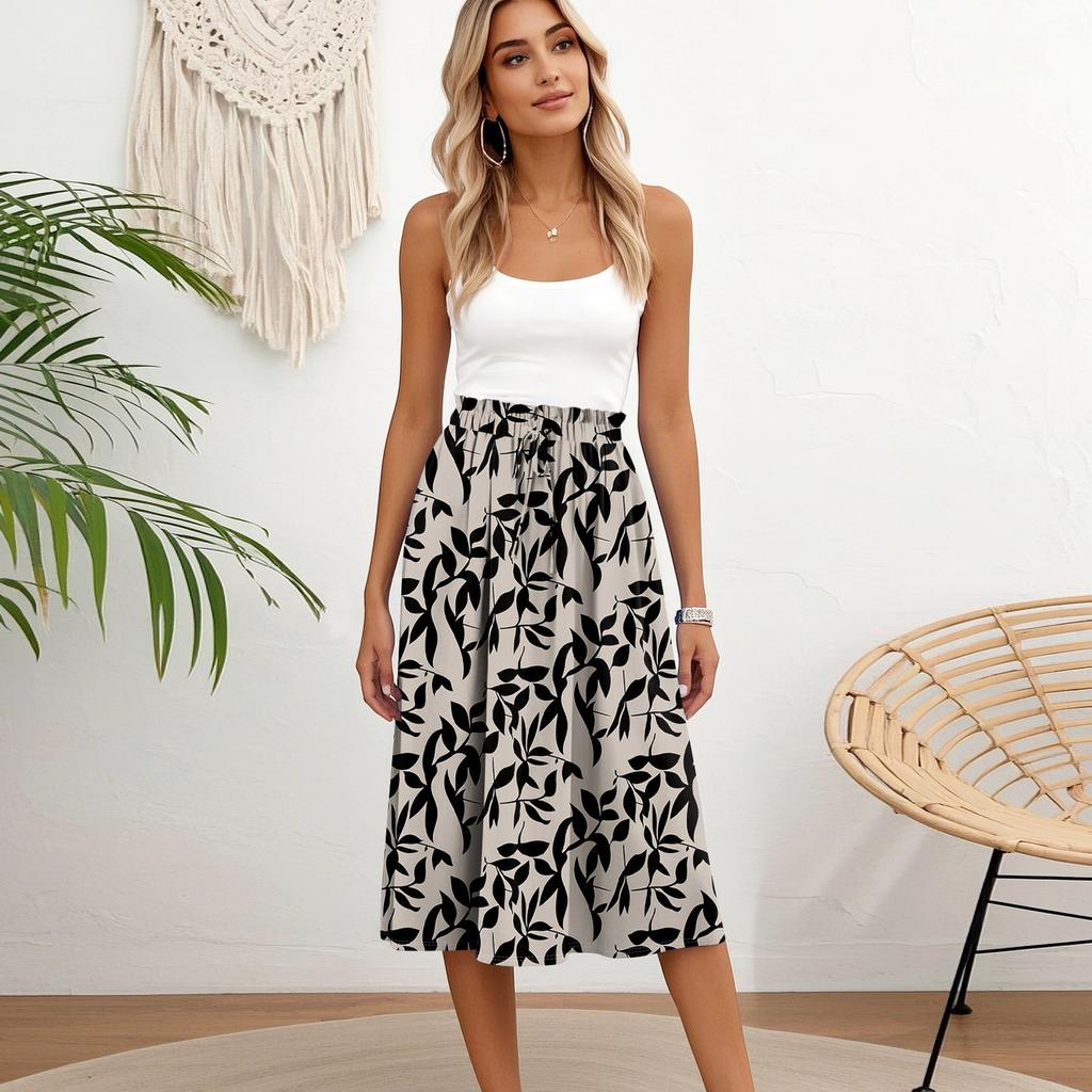 Women's Casual High Waist Drawstring A-line Skirt Printing Skirt