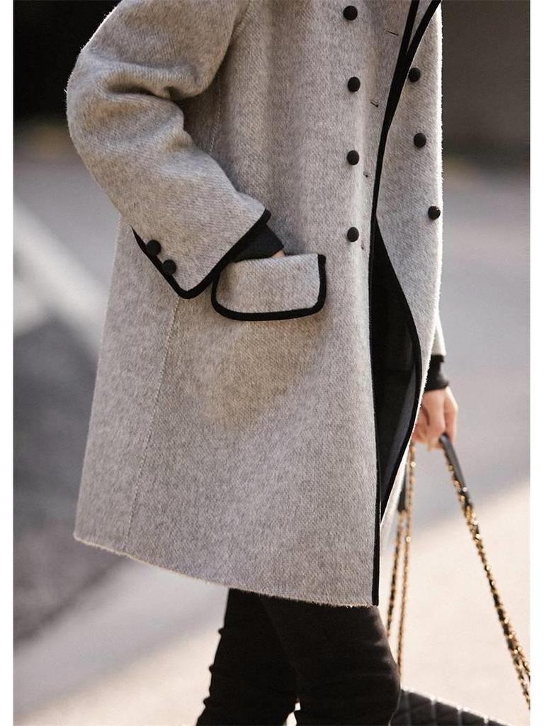 Women's Retro Double-Breasted Color Block Wool Coat - Mid-Length, Small Lapel, Spring/Autumn Fashion