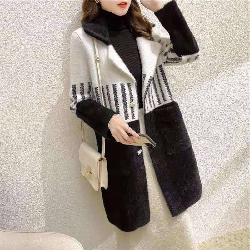 

Осенне-зимнее норковое бархатное женское пальто, толстый свободный свитер с воротником, средней длины, вязаная куртка