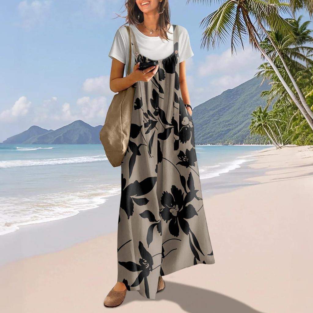 Casual Wide Leg Jumpsuits For Women Boho Floral Pleated Overalls Rompers Summer Outfits With Pockets