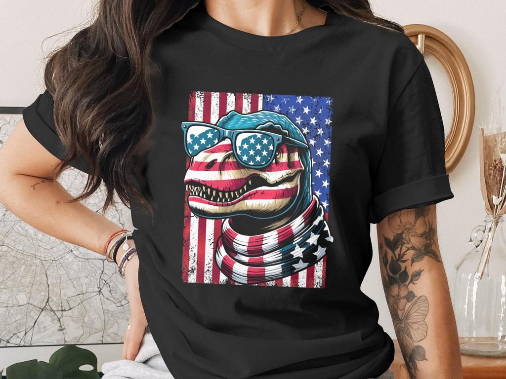 Patriotic T-Rex T-Shirt, 4th of July Dinosaur Tee, USA Flag Independence Day Dino Shirt, American T Rex Graphic Tee Gift