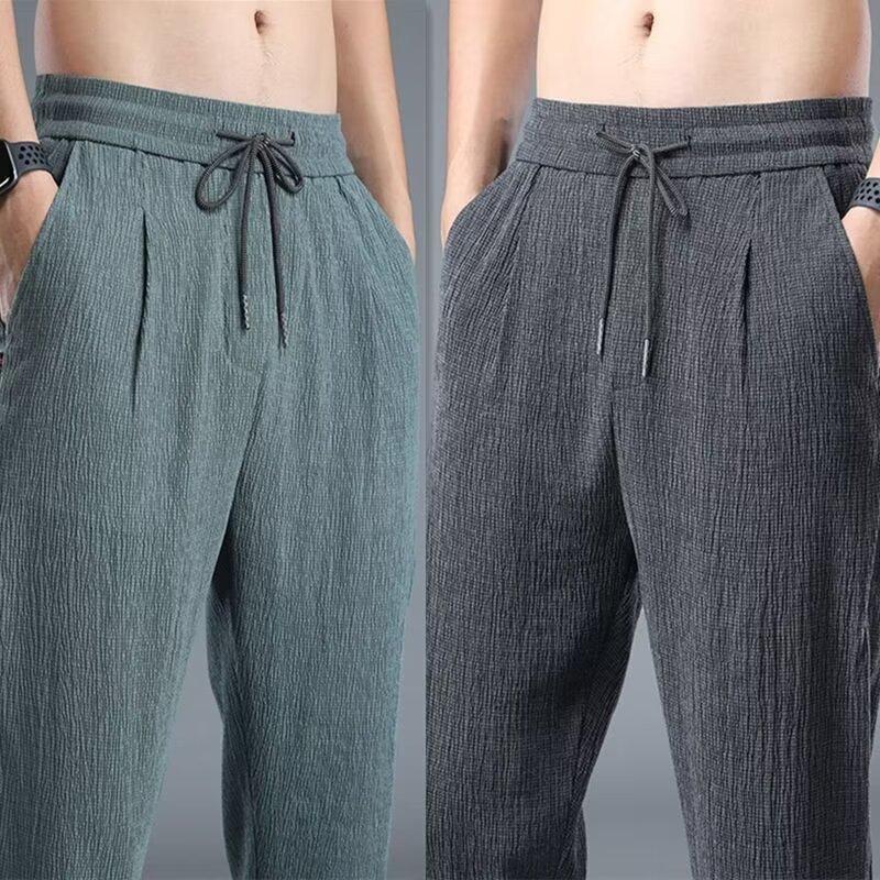 Summer Ice Silk Man Jogger Linen Pants Casual Wide Summer Sweatpants Spring Lightweight Halking Trousers