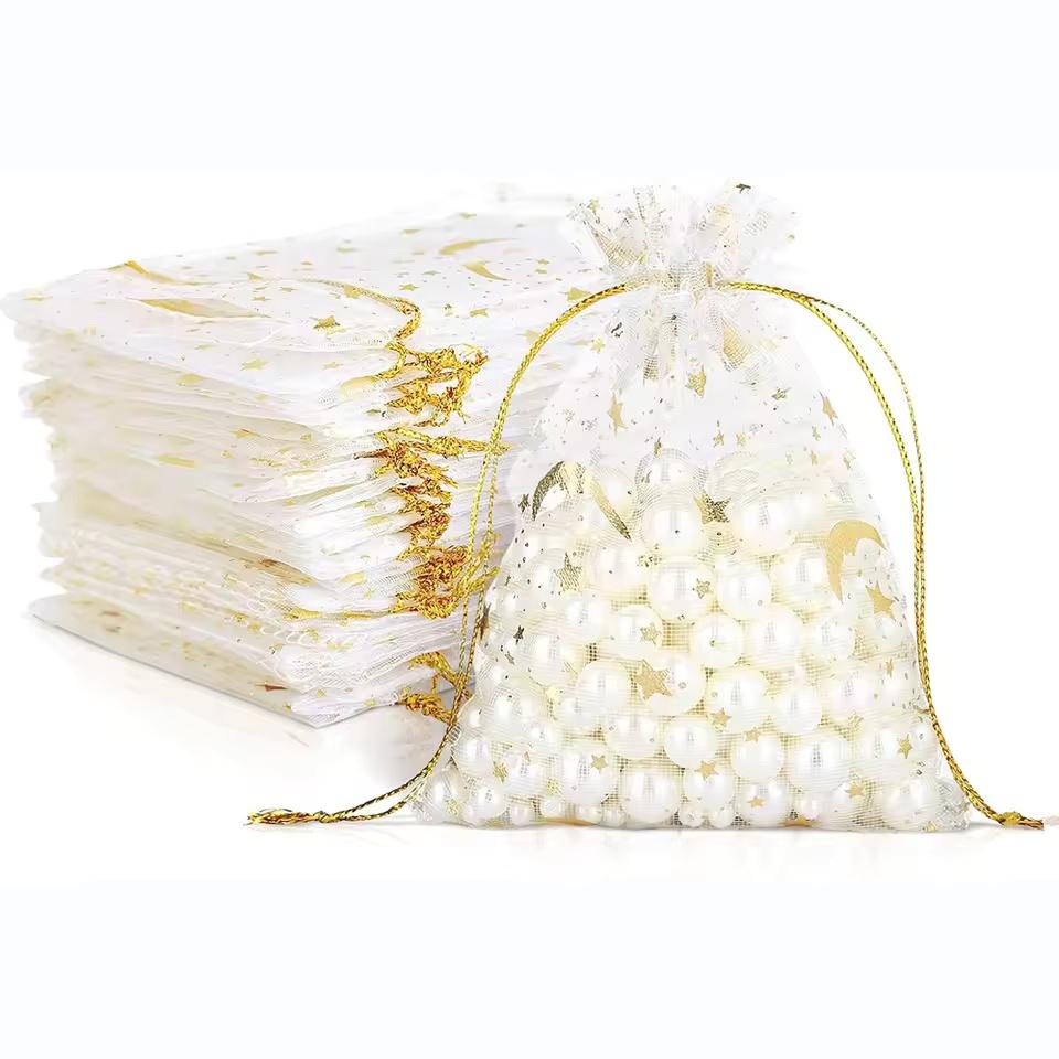 

10-60 шт., сумки из органзы с завязками в виде луны и звезд, подарочные пакеты для украшений, мешочки с золотыми звездами, мешочки из органзы для свадьбы на День святого Валентина 10PCS белый