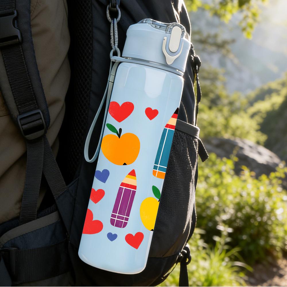 1PC Heart Pencil Fruit Layout 750ml Color Plastic Sports Water Bottle Leakproof Flip Straw Lid For Sports Office Home Use