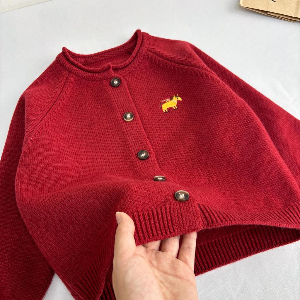 2025 Christmas Red Year of the Horse Unisex Kid's Knit Cardigan: Stylish Winter Outerwear