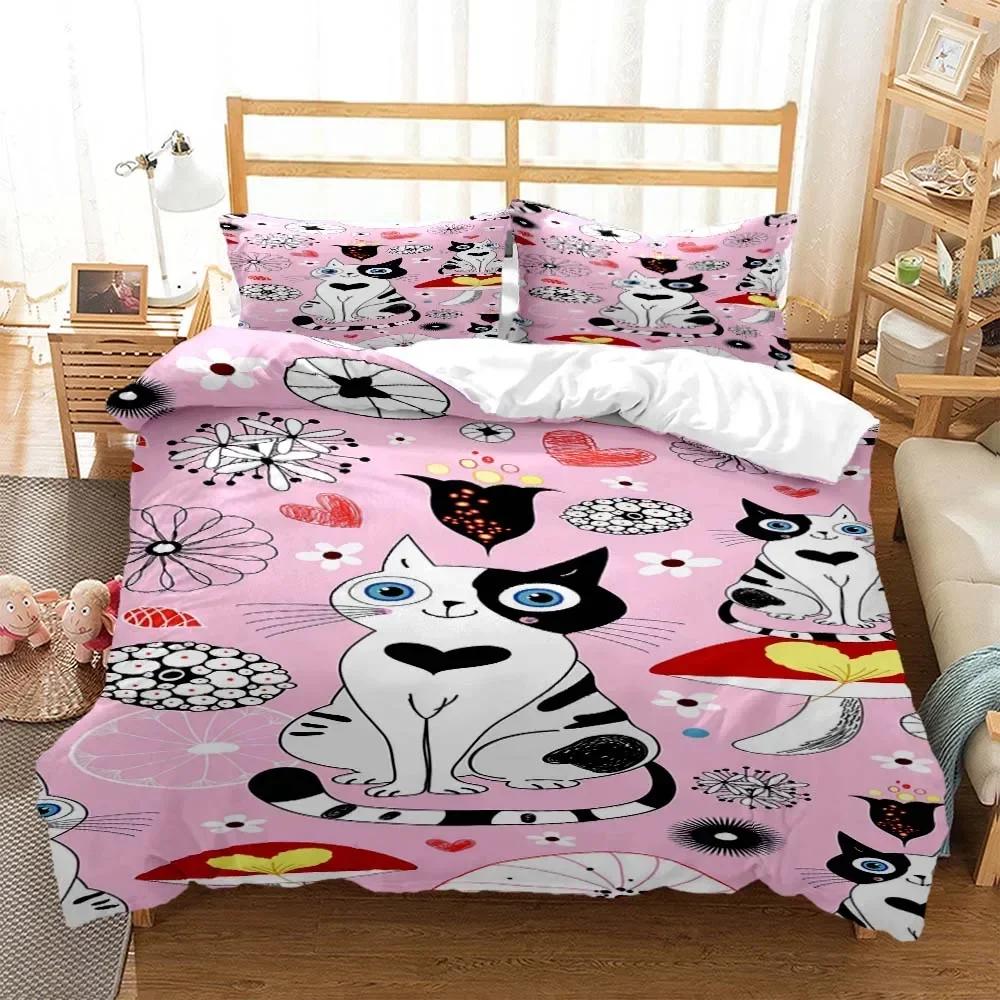 Cute Cat Comfortable Duvet Quilt Cover Pillowcase Bedding Set Children Bedroom Decoration Home Textile