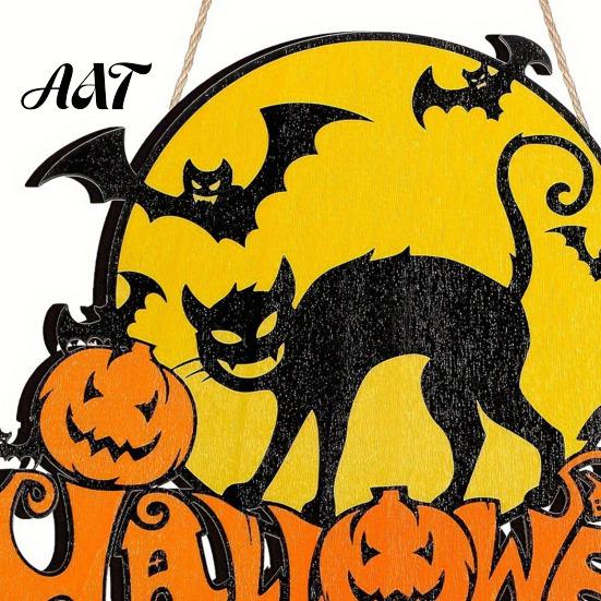 Waterproof Wood Porch Hanger Halloween Door Sign, Pumpkin And Black Cat Printed, with Hemp Fall Seasonal Sign Rope Lanyard, Decorative
