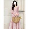 Fresh peach pollen temperament tea break dress lace dress French floral vacation pink spring and autumn dress