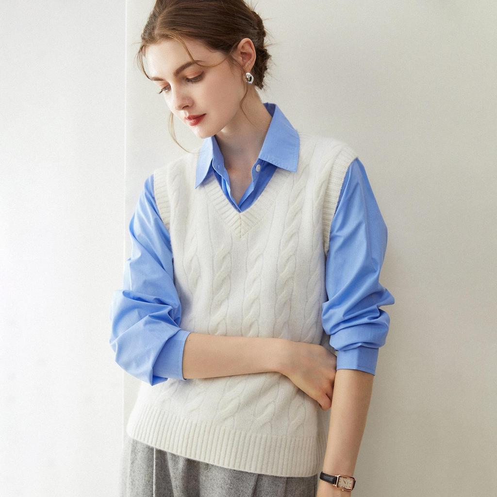 Women's 100% Pure Cashmere V-neck Cable Knit Vest for Autumn/Winter