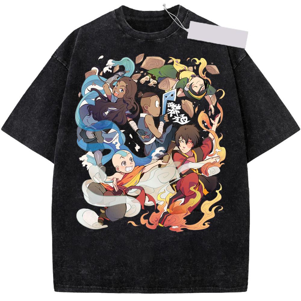 Avatar The Last Airbender Anime Katara Aang Grafisk Print Vintage Vasket Rund Hals T-shirt Mænd Kvinder Personlighed Streetwear Hip Hop Mode Oversized T-shirt