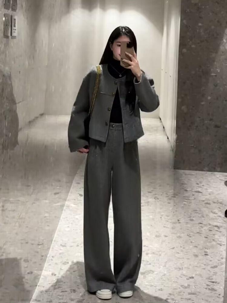 Women's Autumn/Winter Tweed Suit: Little Fragrance Style Coat & Wide-Leg Pants Set
