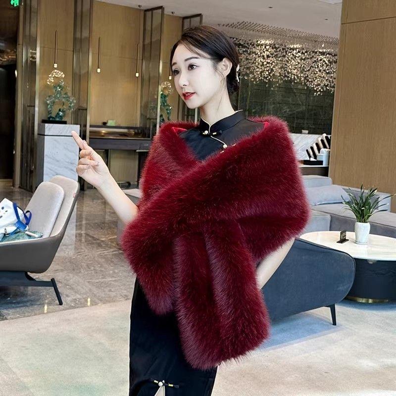 Rectangular Shawl Faux Fox Fur Cheongsam Wedding Dress Travel Photography Outerwear Skirt Banquet Cape Cloak