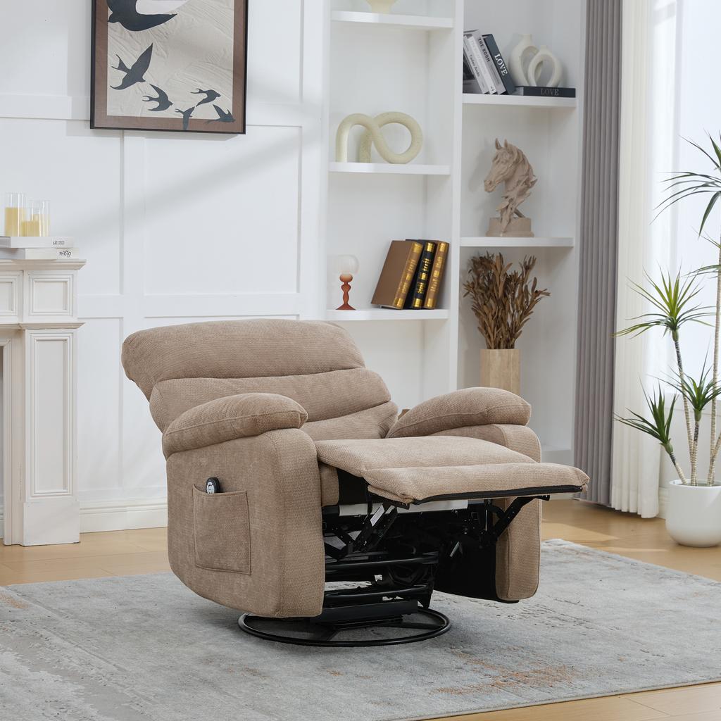 Sedia relax elettrica girevole a 360 gradi con funzione massaggio e riscaldamento, schienale e poggiapiedi regolabili manualmente, nonché tasche laterali portaoggetti