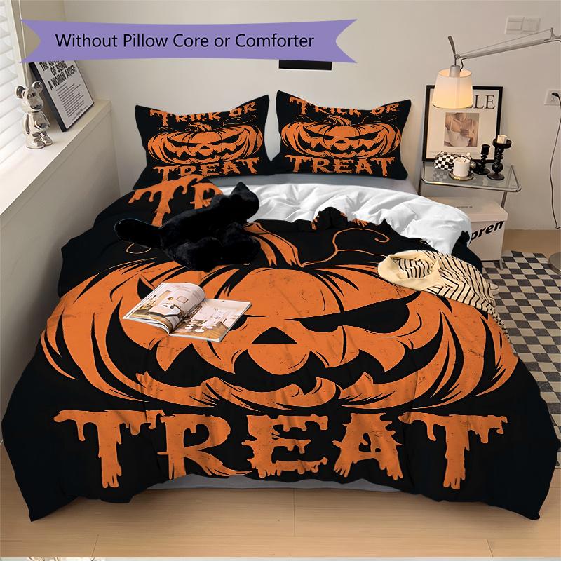 3pcs Halloween Trick or Treat Quilt Set Cartoon Themed Bed Quilt Set Lovely Character Bedroom Decor Bed Quilt Set Four Seasons (1 Cover + 2Pillow
