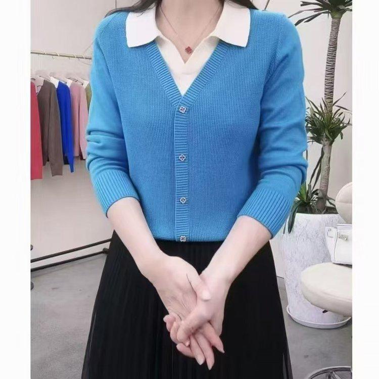 2025 Autumn/Winter Korean Style Sweater: Women's Lapel Fake Two-Piece Top