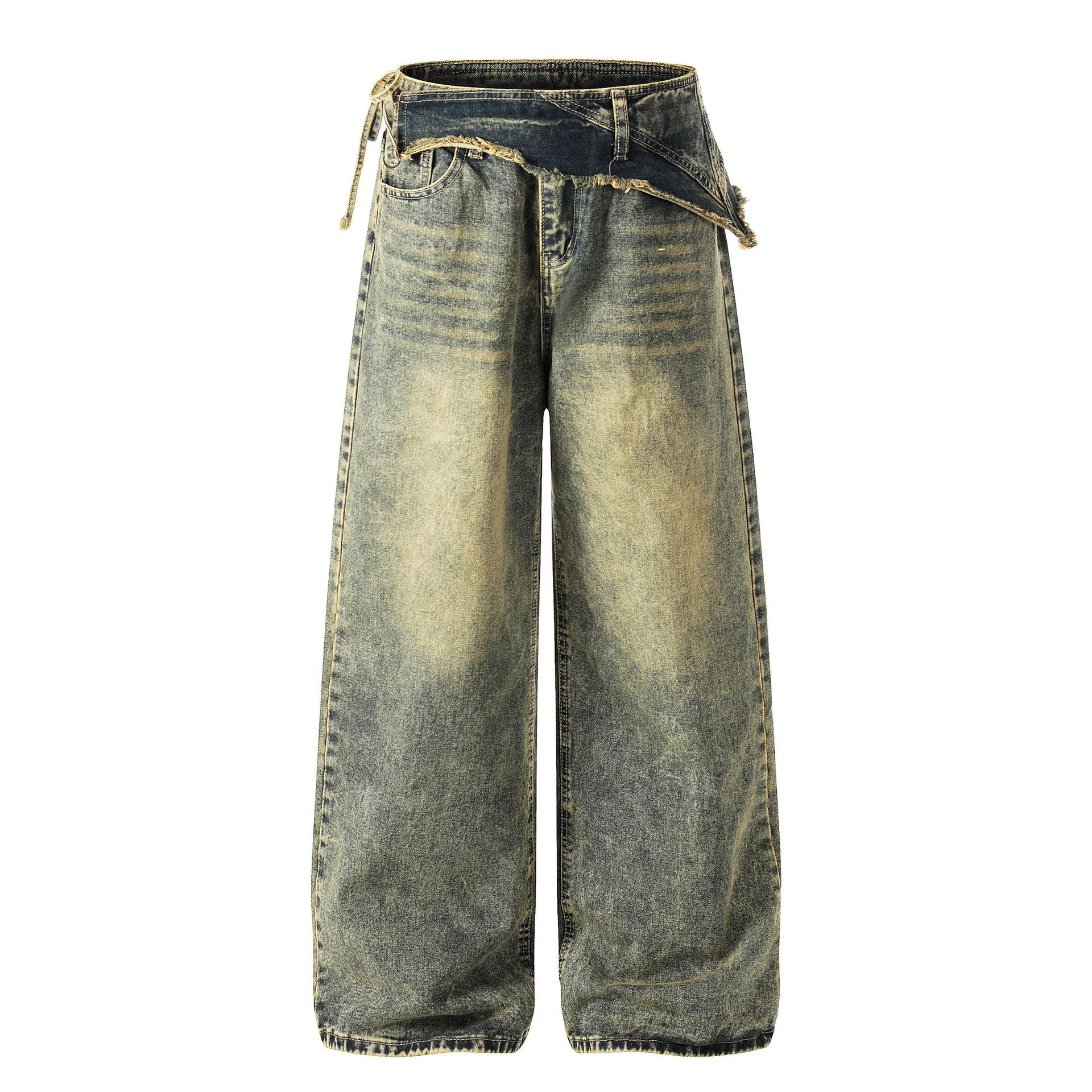 Trendy brand new American retro washed jeans special-shaped rough edge personalized thin straight trousers S