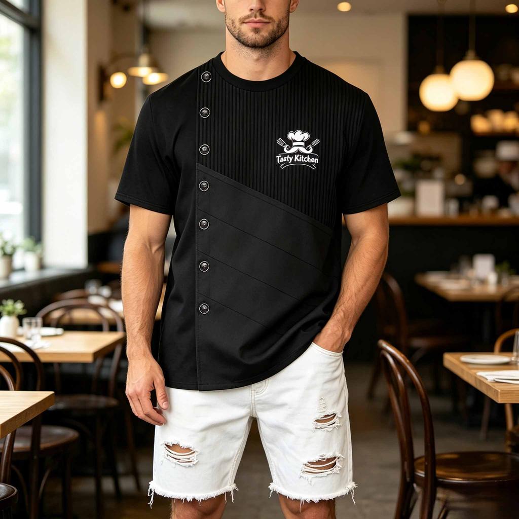 Męska koszulka z krótkim rękawem, styl haftu z nadrukiem, koszulka z logo uniformu kuchennego dla personelu kuchennego restauracji, hotelu