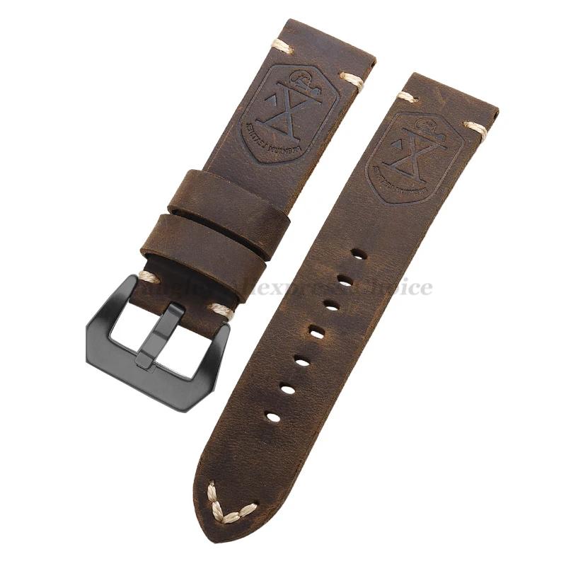 Handmade Cowhide Leather Watchband Strap 20mm 22mm 24mm 26mm Vintage DarkBrown Padded Watchband for PAM111 441 Soft Men Bracelet