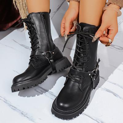 Moda Moda Klamra Paska Platforma Kozaki do Połowy Łydki Kobiety Czarne Zamek Gruba Podeszwa Buty Motocyklowe Kobieta Punk Skóra PU Botas Mujer