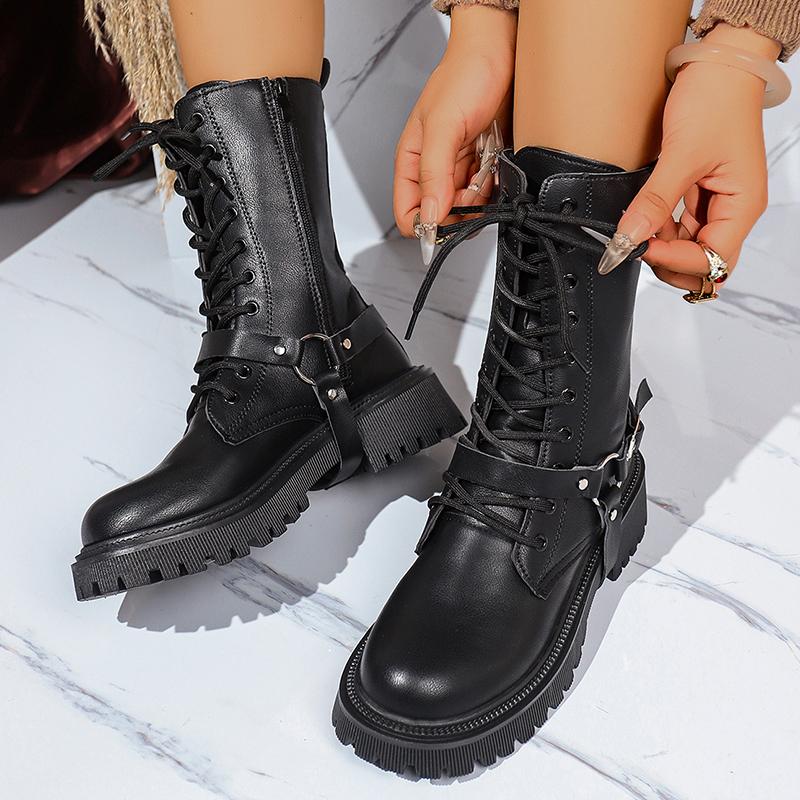 Fashion Fashion Belt Buckle Platform Mid Calf Boots Women Black Zipper Thick Sole Motorcycle Boots Woman Punk Pu Leather Botas Mujer
