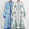 European and American Women's Clothing Printed Loose Single-breasted V-neck Lantern Sleeve Holiday Long Dress