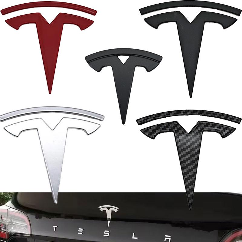 QHW1 3D ABS Car Steering Wheel Logo Sticker Front Head Hood Emblem Rear Trunk Badge For Tesla Model Y Replacement Decals Accessories