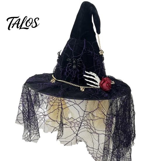 Indoor Outdoor Festive Decor Punk Skeleton Hand Witch Hat with Spider And Veil, Black Large Festival Atmosphere Props Wizard Costume Accessory
