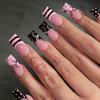 24Pcs Extra Long Square Press On Nails, Nude Pink with Black French Tips & Vine Polka Dot Fake Nails for Y2K Girls
