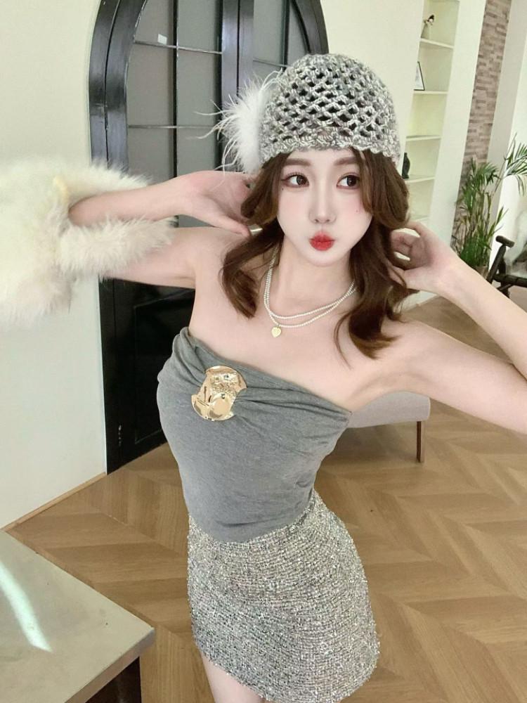 Spicy Girl Metal Buckle Sleeveless Bandeau Top: 2026 Spring French Style One Size серый