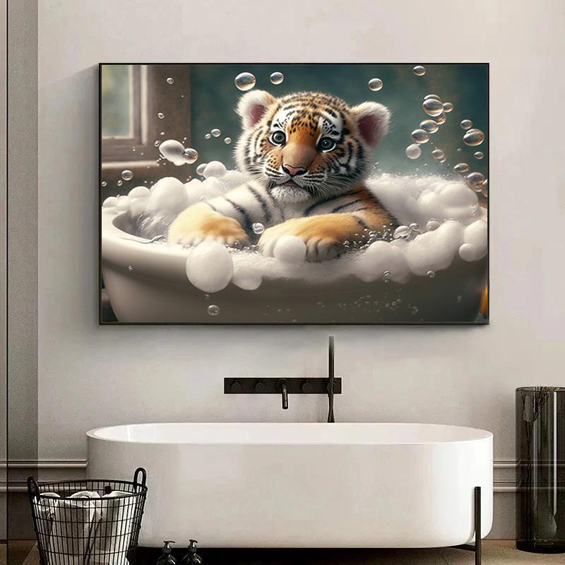 Cute Baby Lion Tiger In Bathtub Wall Art Canvas Painting Animals Bathing Funny Bathroom Art Poster Prints Picture Room Decor