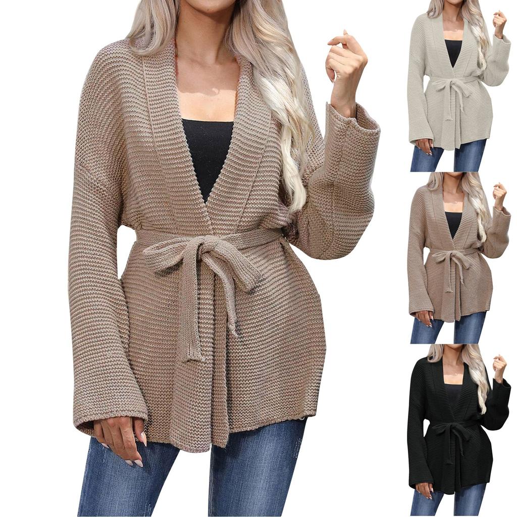 Women's Jacket Short Casual Lapel Waist Strap Solid Color Knitted Cardigan Sweater Jacket Knit Long Cardigan