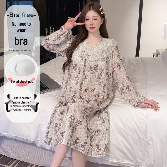 2025 V-Neck Pearl Cotton Long Sleeve Nightgown with Chest Pad – Spring/Autumn Oversized Sleep Dress for Indoor/Outdoor Wear