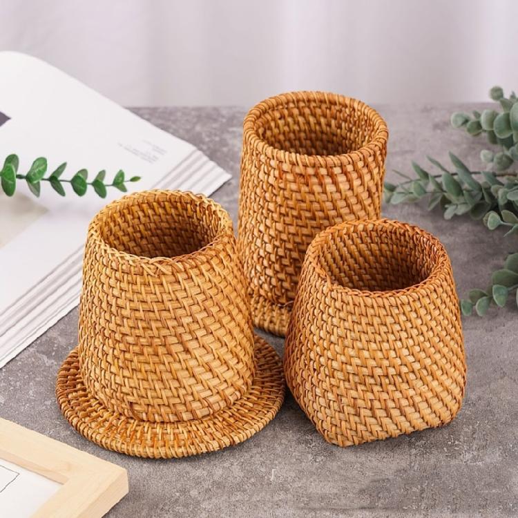 Natural Rattan Pen Stand Multipurpose Desktop Organiser Storage Container For Home Offices Desk Accessories Management