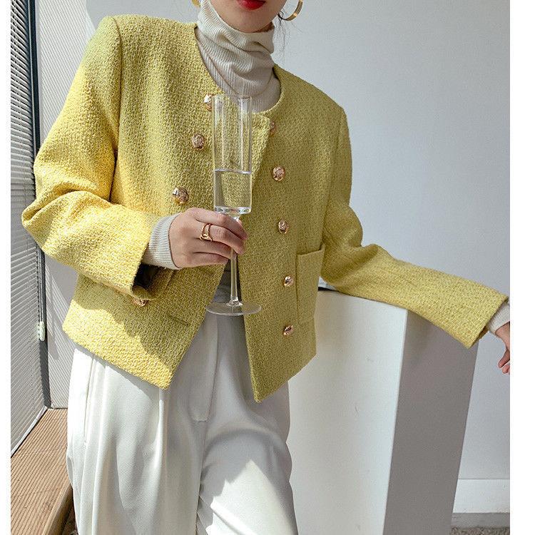 Sophisticated and Cute Round-necked Short Jacket with Double-breasted Buttons