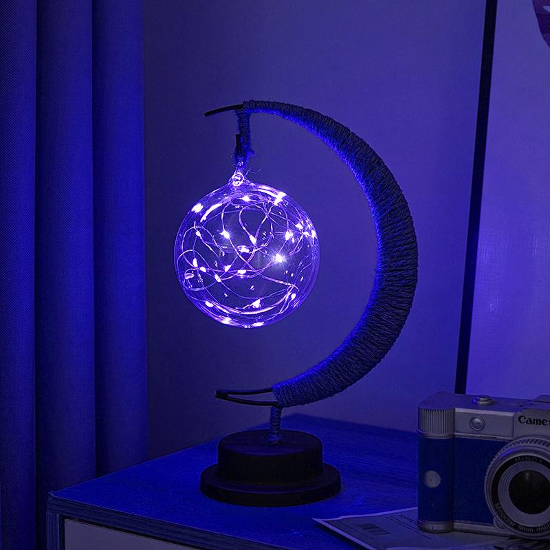 LED Star and Moon Vine Ball Desk Lamp with Hemp Rope and Iron Art - USB Decorative Night Light