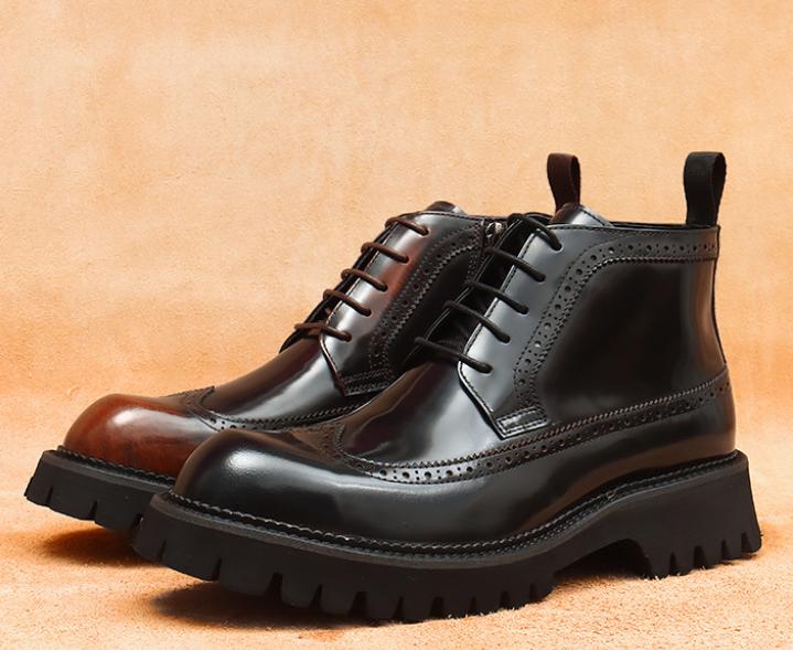 Genuine Leather Thick Soles High-Top Brogue Oxford Dress Shoes For Men Ankle Business Chelsea Boots