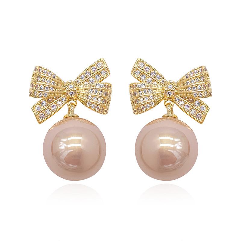 

Темпераментные серьги-гвоздики с жемчугом и бантом для женщин, pendientes mujer, корейские модные висячие серьги из бисера, роскошные ювелирные изделия с CZ