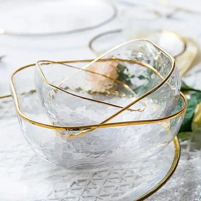 Nordic Golden Border Salad Bowl Transparent Glass Fruit Plate Dessert Round Square Bowl Tableware Dinner Plates  Dinner Plates