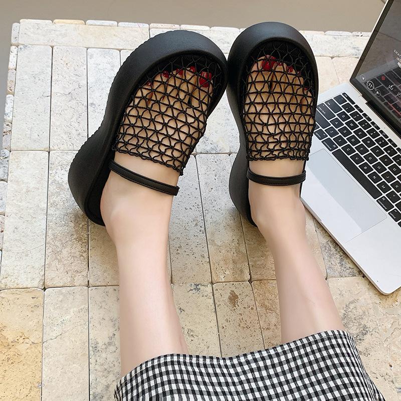 Retro mesh hollowed out bag head cool slippers women's summer wear thick-soled wedge heels high heels holiday word with sandals