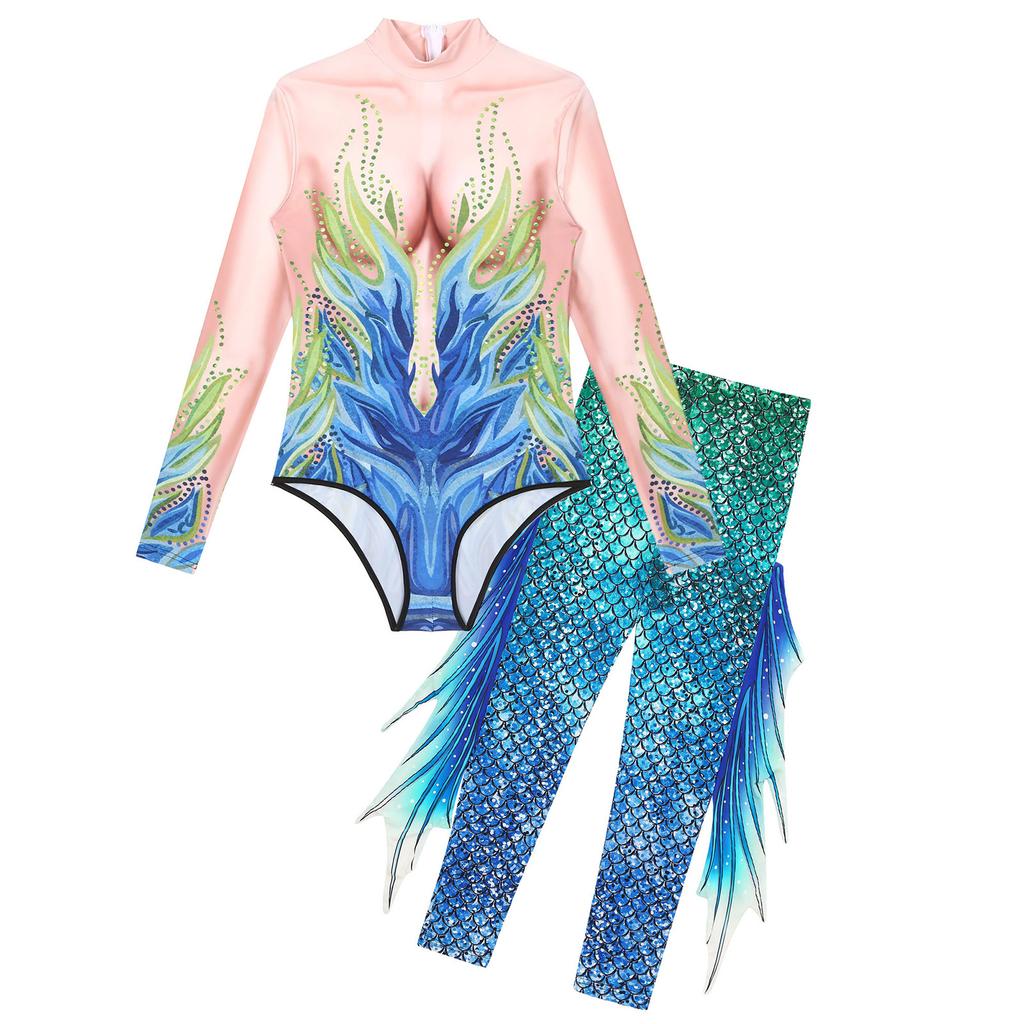 Shimmering Mermaid Stage & Party Jumpsuit S-XL: High Waist Tights Design with Stand Collar, Eye-Catching for Halloween